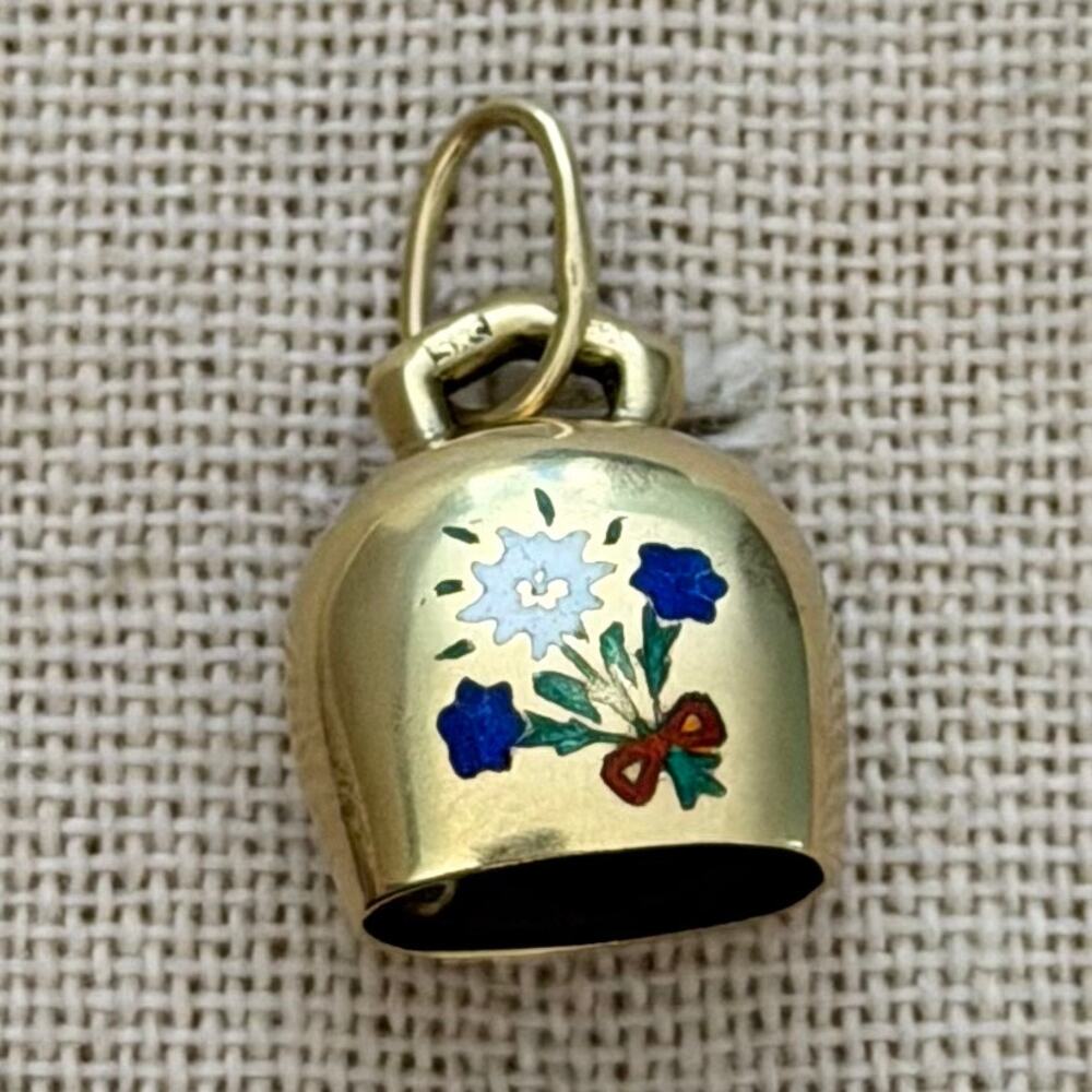 Vintage 14k Yellow Gold 585 Enamel-Painted Flowers Alpine Cow Bell Charm